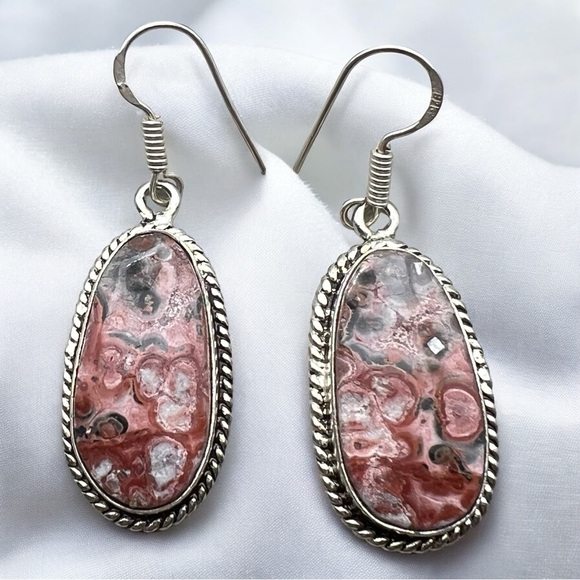 New Leopard or Asteroid Jasper Stone Silver Overlay Hook Earrings - Picture 1 of 5